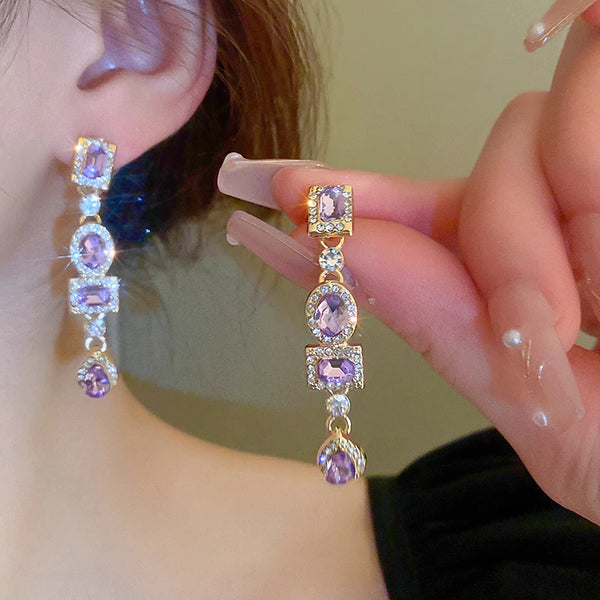 Pendientes largos con borlas y brillantes diamantes de imitación de colores para mujer