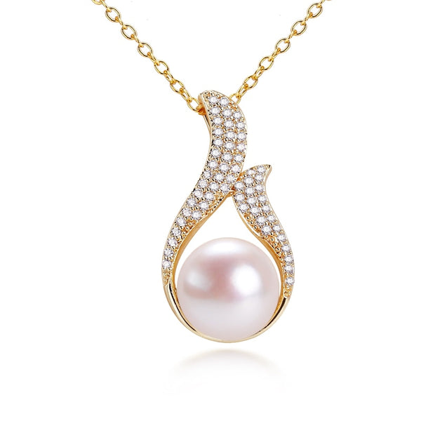 Collar de perlas chapado en oro real de 14 quilates con colgante de pluma de perla natural de agua dulce