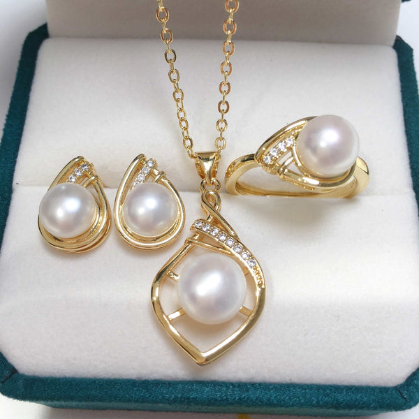 Elegante conjunto de joyas de perlas colgantes de plata 925 y oro, collar y pendientes de perlas naturales de agua dulce auténticas.