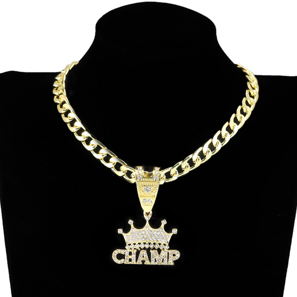 New Men Women Hip Hop Crown CHAMP Iced Out Necklaces