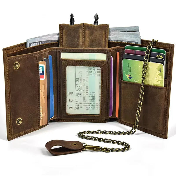 Cartera de cuero Crazy Horse para hombre con cadena antirrobo, tres pliegues, tipo sobre.