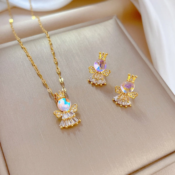 Collar y pendientes de acero inoxidable 316L con dije de princesa coronada para mujer