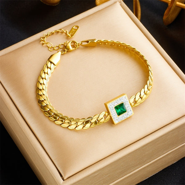 316L Stainless Steel Square Luxury Green Crystal Charm Bracelet For Women