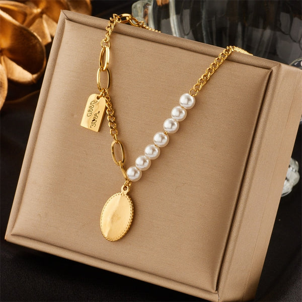 Collar con colgante de perla de acero inoxidable 316L color dorado para mujer