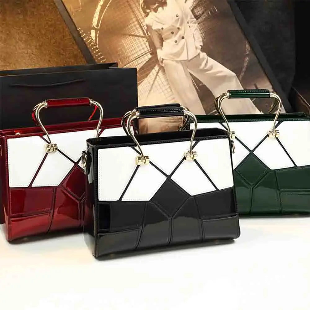 Luxury Women Top Handle Bag High Quality Patent Leather Plaid Print Handbag