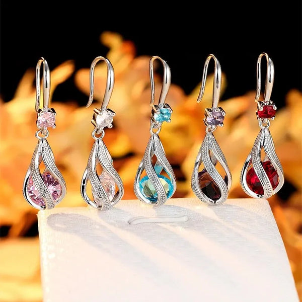 Dainty Cubic Zirconia Hook Clip Earrings Lantern Design Multi Color Stone Drop Earrings
