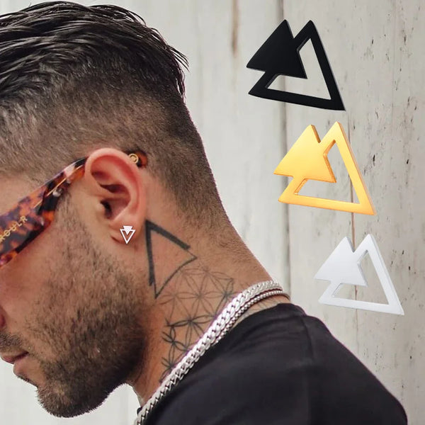 Men Stainless Steel Double Triangle Arrow Arrowhead Geometric Minimalist Stud Earrings