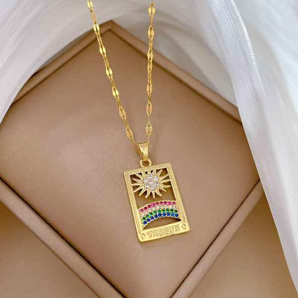 Collar con colgante de sol y marco de fotos vintage de acero inoxidable 316L para mujer