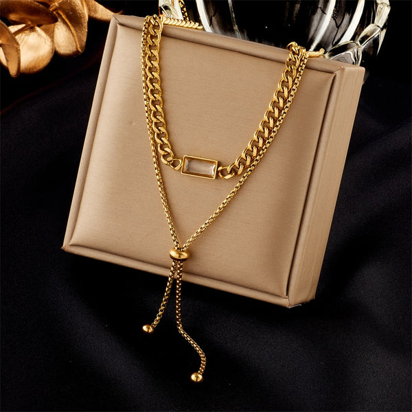 316L Stainless Steel Multi-Layer Square Crystal Long Pendant Necklace For Women