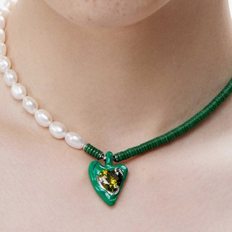 Korean Fashion Colorful Enamel Heart Pendant Necklace For Women