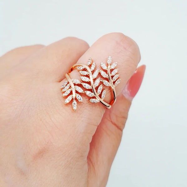 Luxury Female Crystal Three-Branch Olive Leaf Rings For Women
