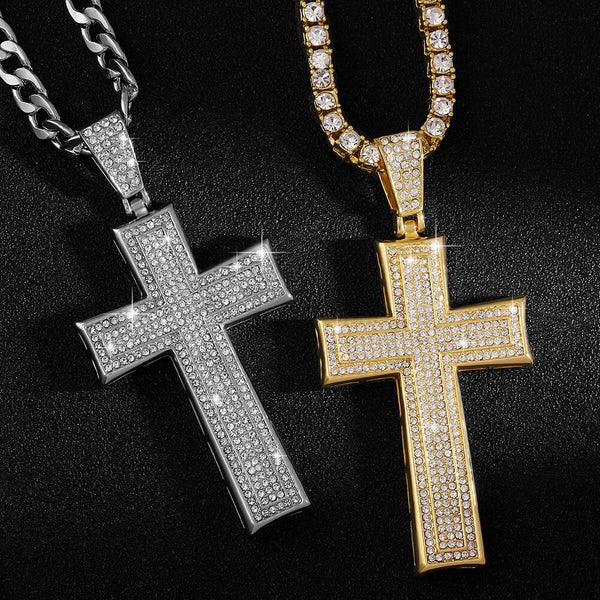 Collar con colgante de cruz de hip hop y cadena cubana de cristal de 13 mm