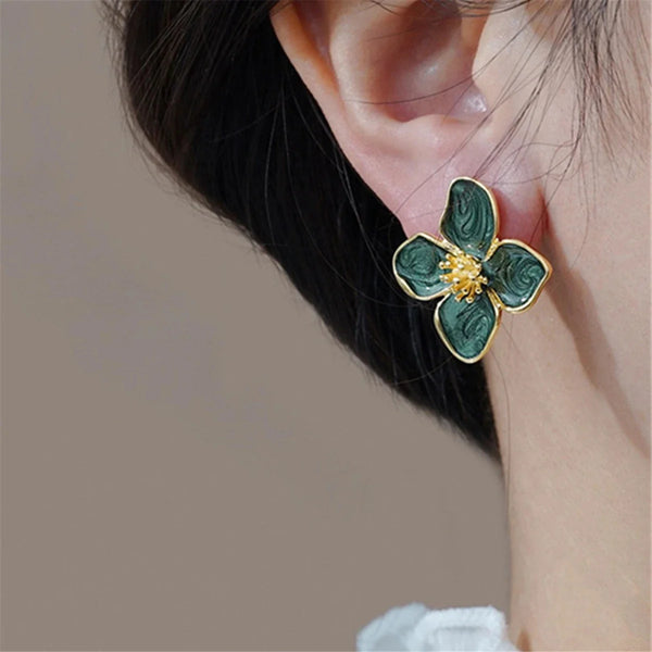 Gold Color Metal Flower Shape Green Epoxy Earrings Stud For Women