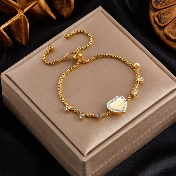 316L Stainless Steel Gold Color Heart Zircon Bracelet For Women