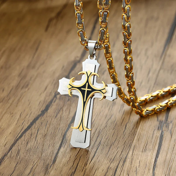 Rock Cross Necklace for Men,Gold Color Stainless Steel Stylish Byzantine Chain