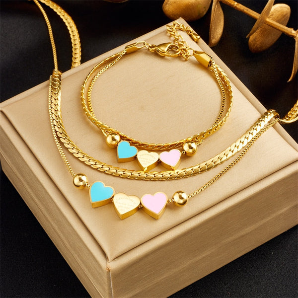316L Stainless Steel Double Layer Lovely Heart Necklace Bracelets For Women