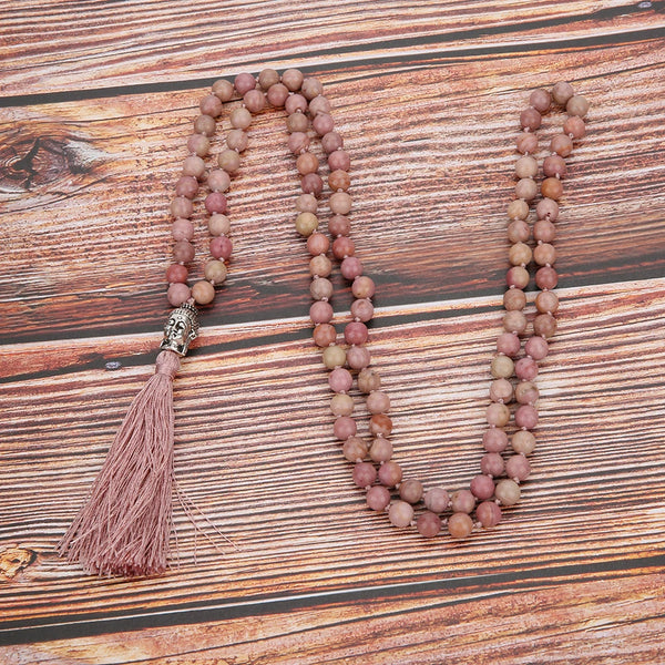 Collar de mala 108 anudado con cuentas de rodolita natural de 6 mm/8 mm para meditación