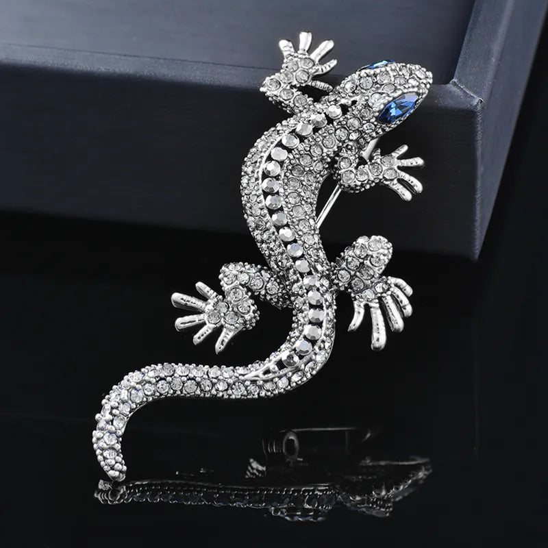 Unique Gecko Brooch Antique Gold Silver Color Inlay Crystal Blue Zircon Eyes Brooches For Women