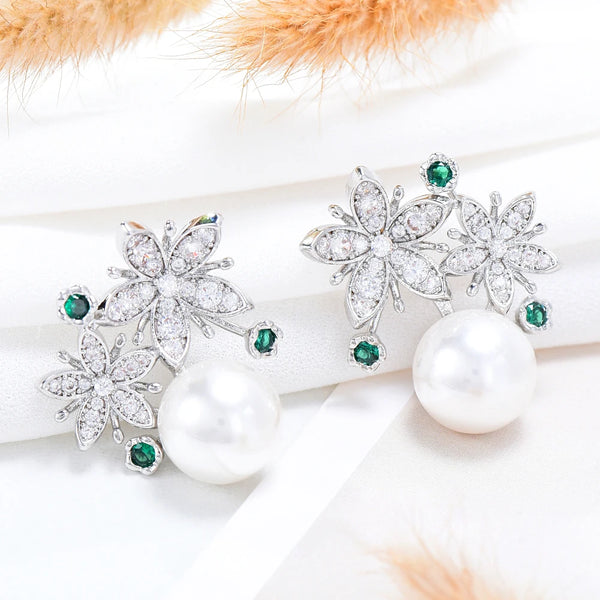 New BOHO Trendy Flowers Pearl Pendant Drop Earrings Full Cubic Zirconia for Women