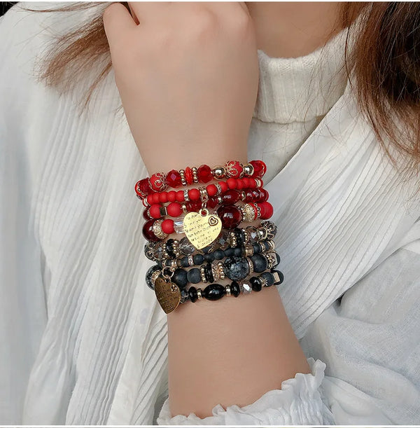 Nueva pulsera de cuentas con dijes en forma de corazón, pulsera bohemia multicapa de roca fundida para mujer