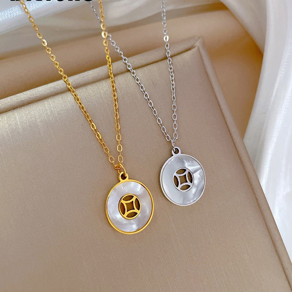 316L Stainless Steel Round Geometric Coins Pendant Necklace For Women
