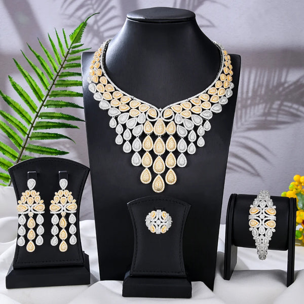 Luxury Big Waterdrop Necklace Earrings For Women Shiny Cubic Zircon Bridal Wedding Engagement Jewelry Sets