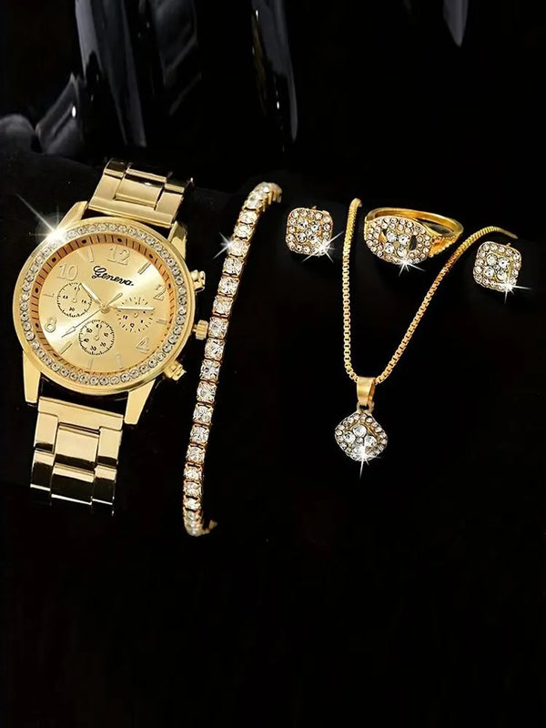 6 Pieces  WOMEN'S Gold Quartz Steel Band Watch+necklace+earrings+ring+brac