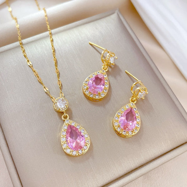 316L Stainless Steel Water Drop-Shaped Pink Stone Pendant Necklace Earrings For Women