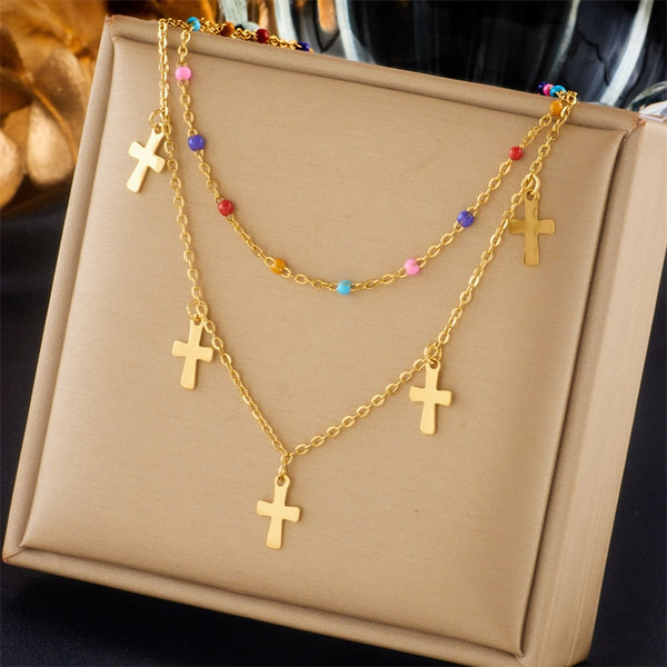 316L Stainless Steel Colorful Beads Cross Pendant Necklace For Women