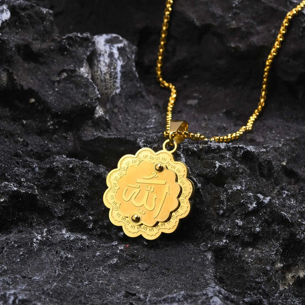 Collares para hombre con diseño de Alá islámico, colgante dorado con forma de flor 3D y cadena de caja.