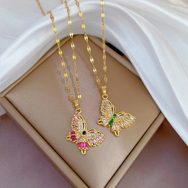 316L Stainless Steel Full Zircon Butterfly Pendant Necklace For Women