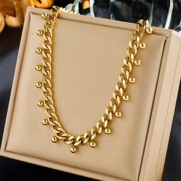 Collar de cadena gruesa con cuentas redondas de acero inoxidable 316L para mujer