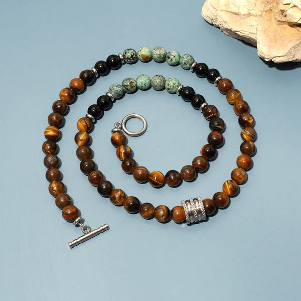 Collar de cuentas de lava de ojo de tigre de piedra natural de 8 mm con dije de cuentas de acero inoxidable, cadena para el cuello