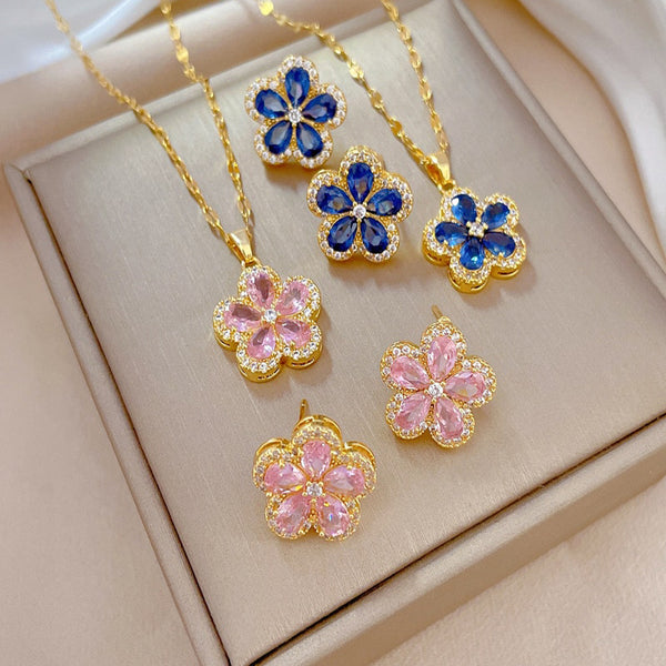 316L Stainless Steel Lovely Blue Pink Flowers Pendant Necklace Earrings For Women