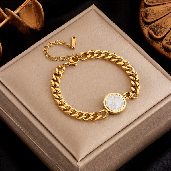 316L Stainless Steel Gold Color Round Portrait Coin Charm Bracelet For Women