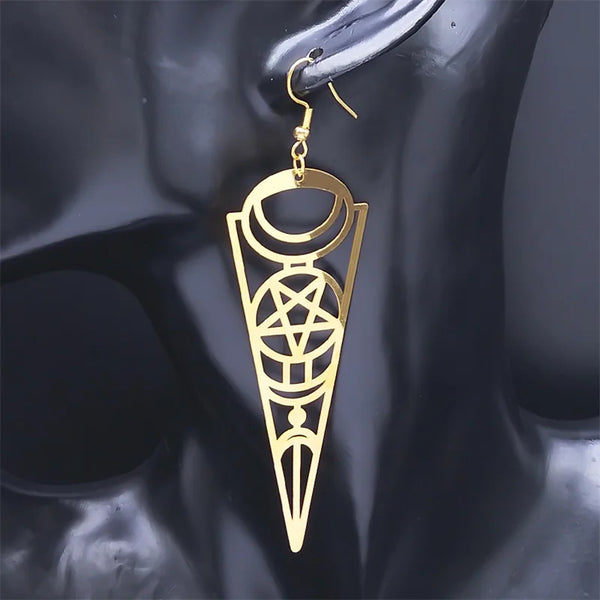 Pendientes colgantes de acero inoxidable con pentagrama de luna satánica para mujer.
