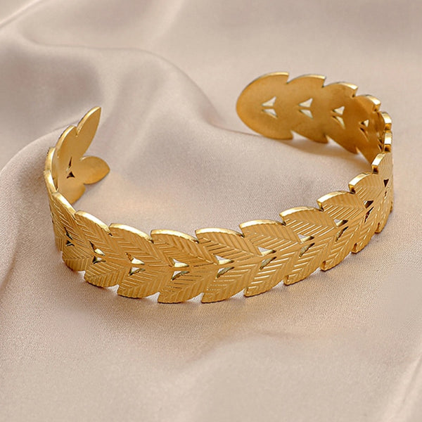 316L Stainless Steel Women Wheat Ear Bangle Vintage Gold Silver Color C-Shaped Cuff Bracelet