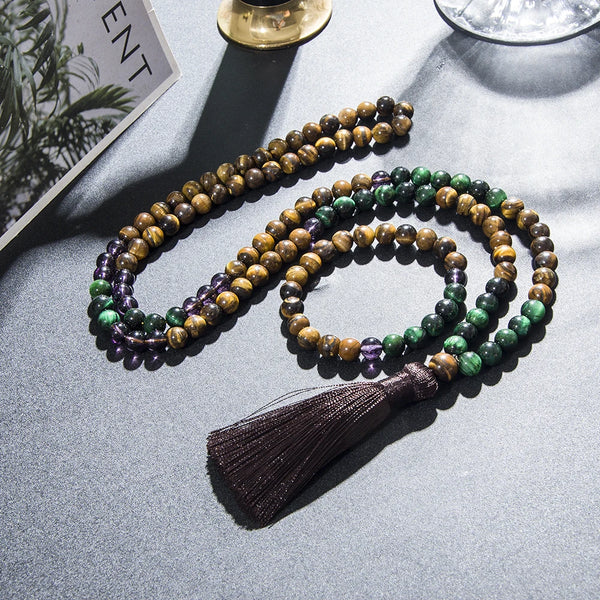 Collar de cuentas de ojo de tigre natural de 8 mm y 108 cuentas de mala para meditación.