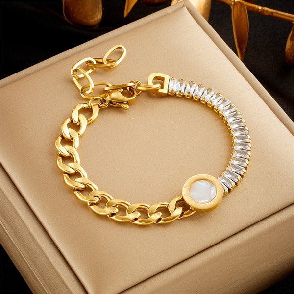 316L Stainless Steel Round Roman Numeral Dial Charm Bracelet For Women