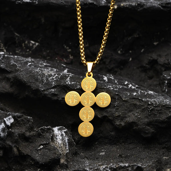 Saint Benedict Cross Necklaces for Men Boys,Gold Color Stainless Steel Pendant Necklace