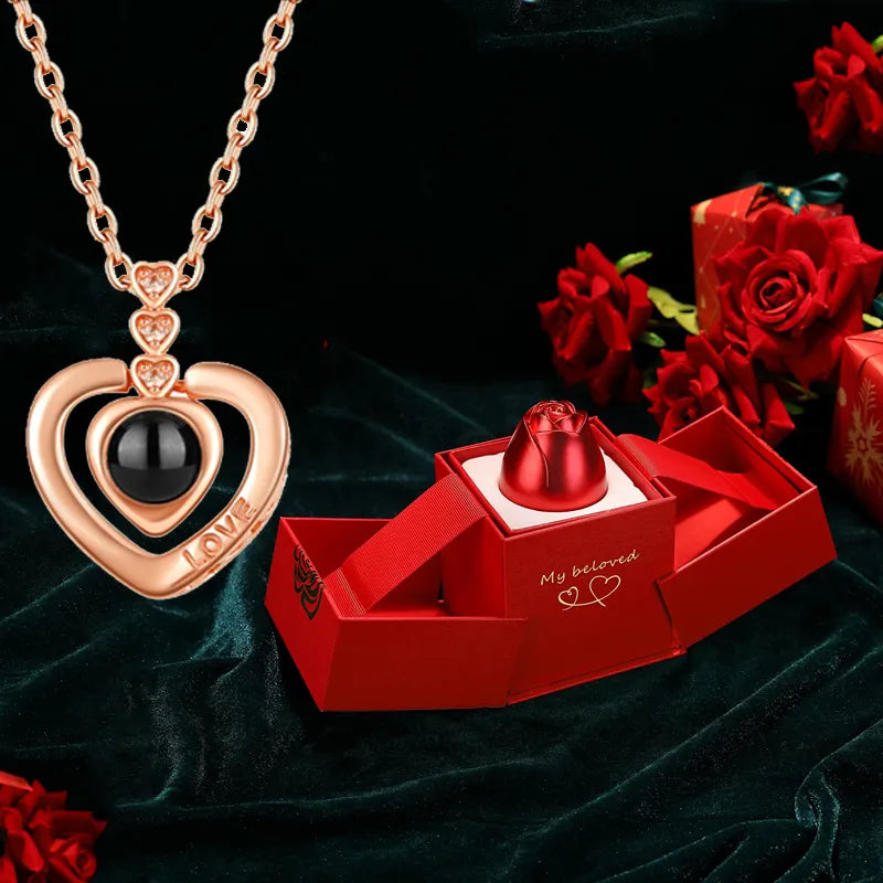 100 Languages I Love You Projection Necklace Fashion Heart Pendant With Rose Gift Box