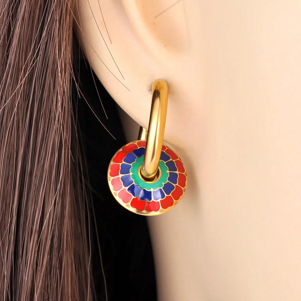 Pendientes de aro vintage de acero inoxidable, hechos a mano, de colores esmaltados, para mujer.