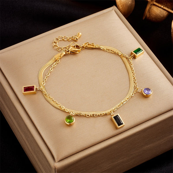 Pulsera multicapa de acero inoxidable 316L con circonitas cuadradas y redondas para mujer
