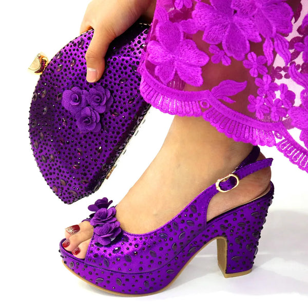 Conjunto de zapatos y bolsos para fiesta navideña, estilo nigeriano, tacones altos con diamantes de imitación para mujer.