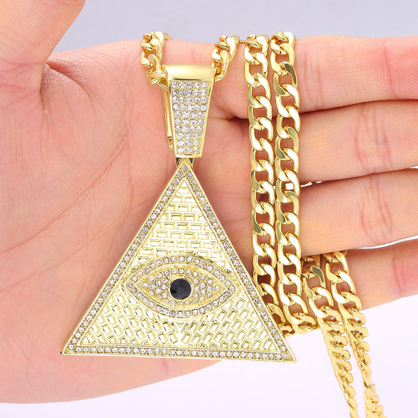 Men Hip Hop Egyptian Egypt Pyramid Pendant Necklace with Miami Cuban Chain
