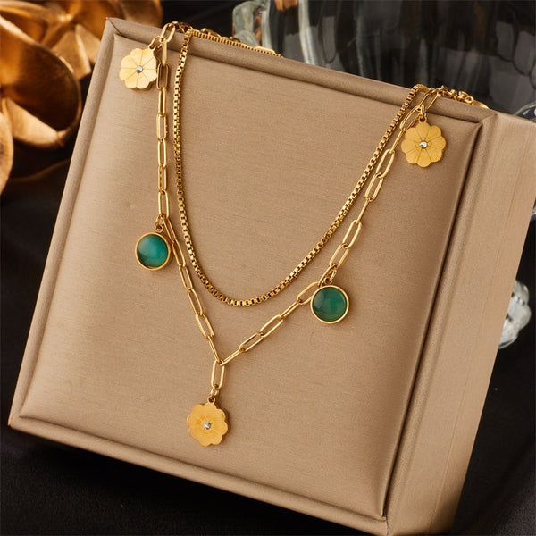 Collar étnico de dos capas con colgante de flor de acero inoxidable 316L para mujer