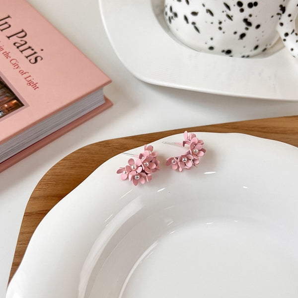 Korean Pink Flower Heart Drop Earrings For Women