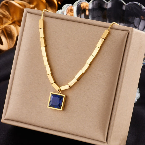 316L Stainless Steel Square Blue Zircon Necklace For Women