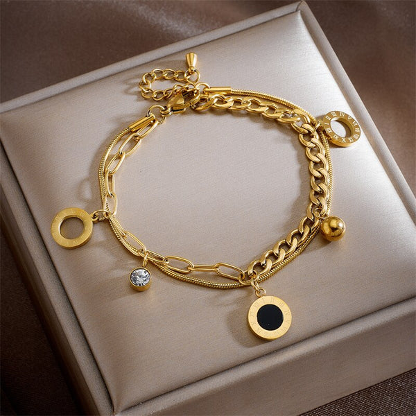 Pulsera de acero inoxidable 316L de dos capas con dije de estrella y números romanos para mujer