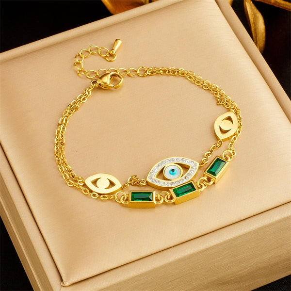 316L Stainless Steel 2 Layer Eyes Crystal Charm Bracelet For Women